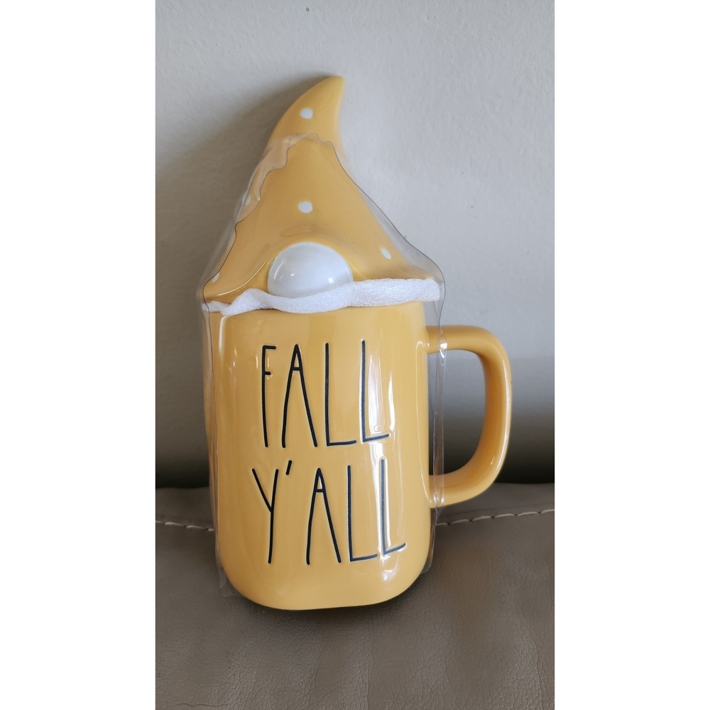 Rae Dunn Ceramic Happy Fall Yall Big Mug With Gnome Topper‎ Orange Autumn New